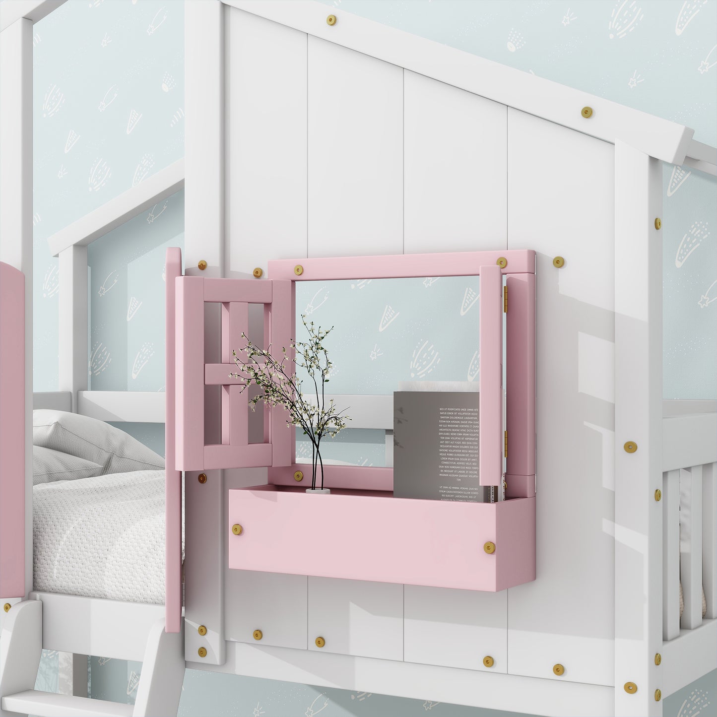 Twin over Twin House Bunk Bed with Roof , Window, Window Box, Door , with Safety Guardrails and Ladder, Pink/White