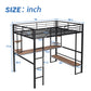 Full Size Loft Metal&MDF Bed with Long Desk and Shelves Black