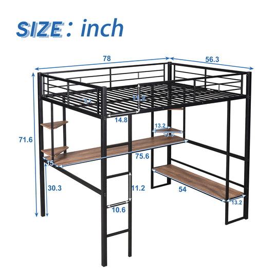 Full Size Loft Metal&MDF Bed with Long Desk and Shelves Black