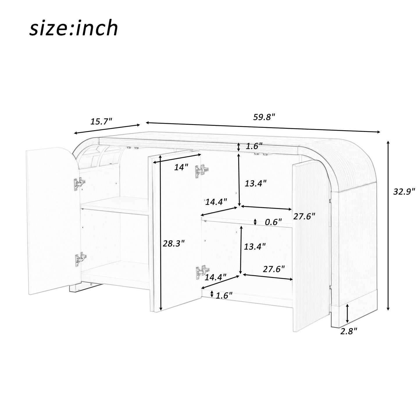 Gabinete de esquina curvo de cuatro puertas U-STYLE con paneles de puerta ondulados, estantes ajustables y acabado negro elegante