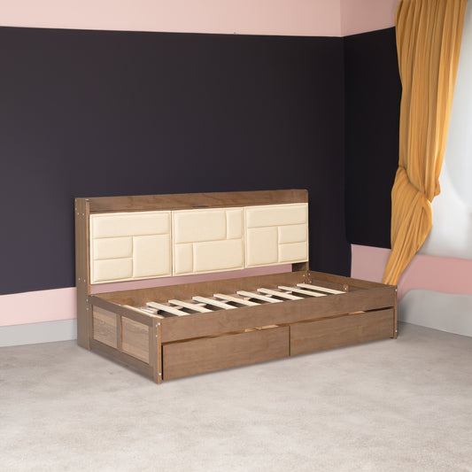 Twin Size Wood Daybed with Upholstered Storage Shelves  USB Ports and 2 Drawers  Wood Color