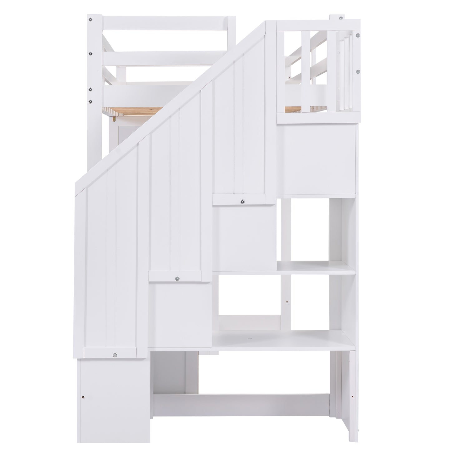 Twin Size Loft Bed with Wardrobe and Staircase, Desk and Storage Drawers and Cabinet in 1  White