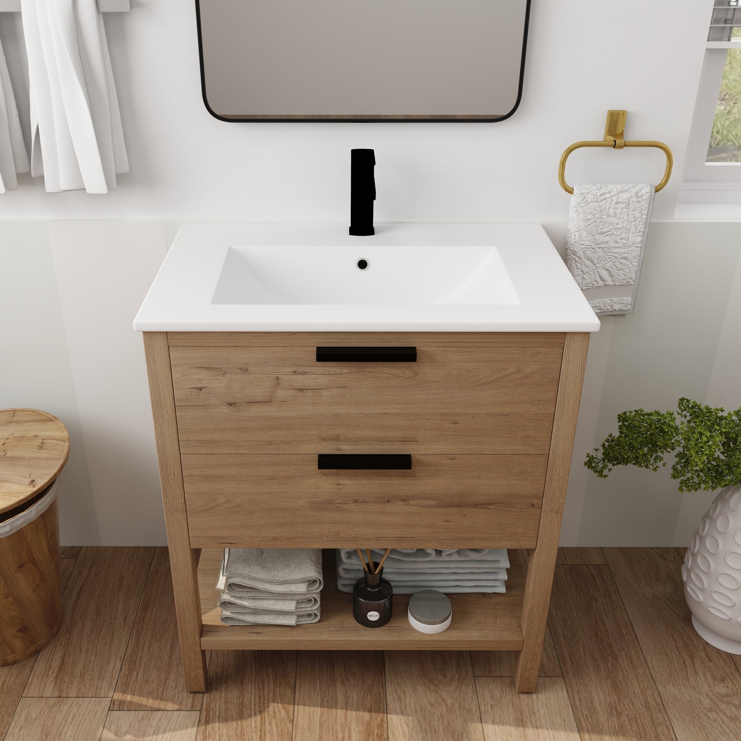 Mueble de baño de 30 pulgadas con construcción de madera contrachapada y 2 cajones, diseño moderno para baños