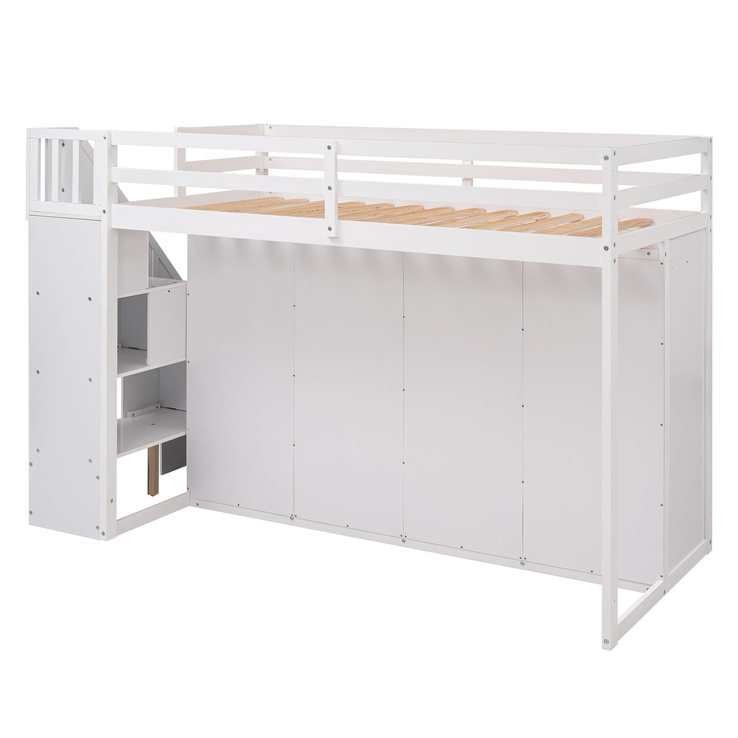 Functional Loft Bed with 3 Shelves, 2 Wardrobes and 2 Drawers, Ladder with Storage, No Box Spring Needed, White