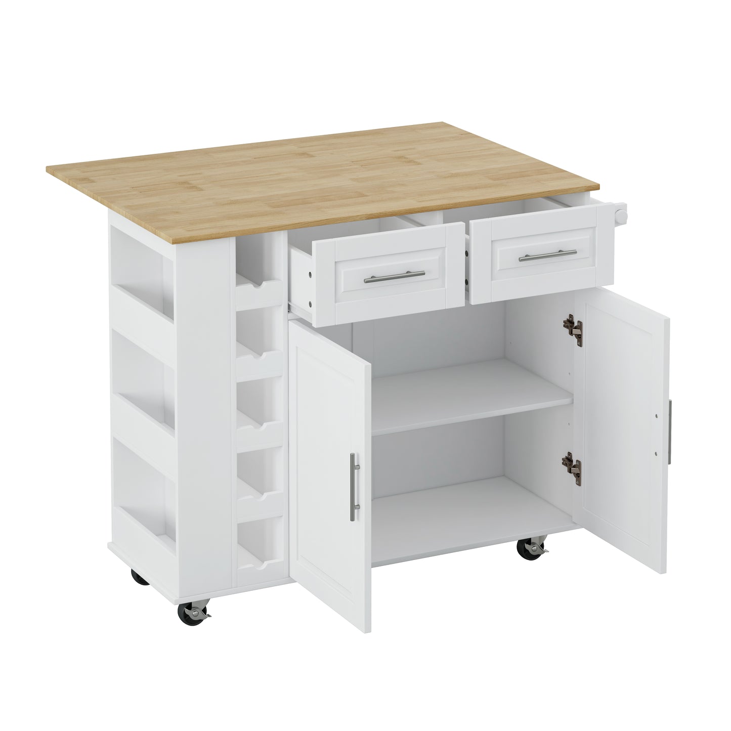 Multi-Functional Kitchen Island Cart with 2 Door Cabinet and Two Drawers,Spice Rack, Towel Holder, Wine Rack, and Foldable Rubberwood Table Top (White)