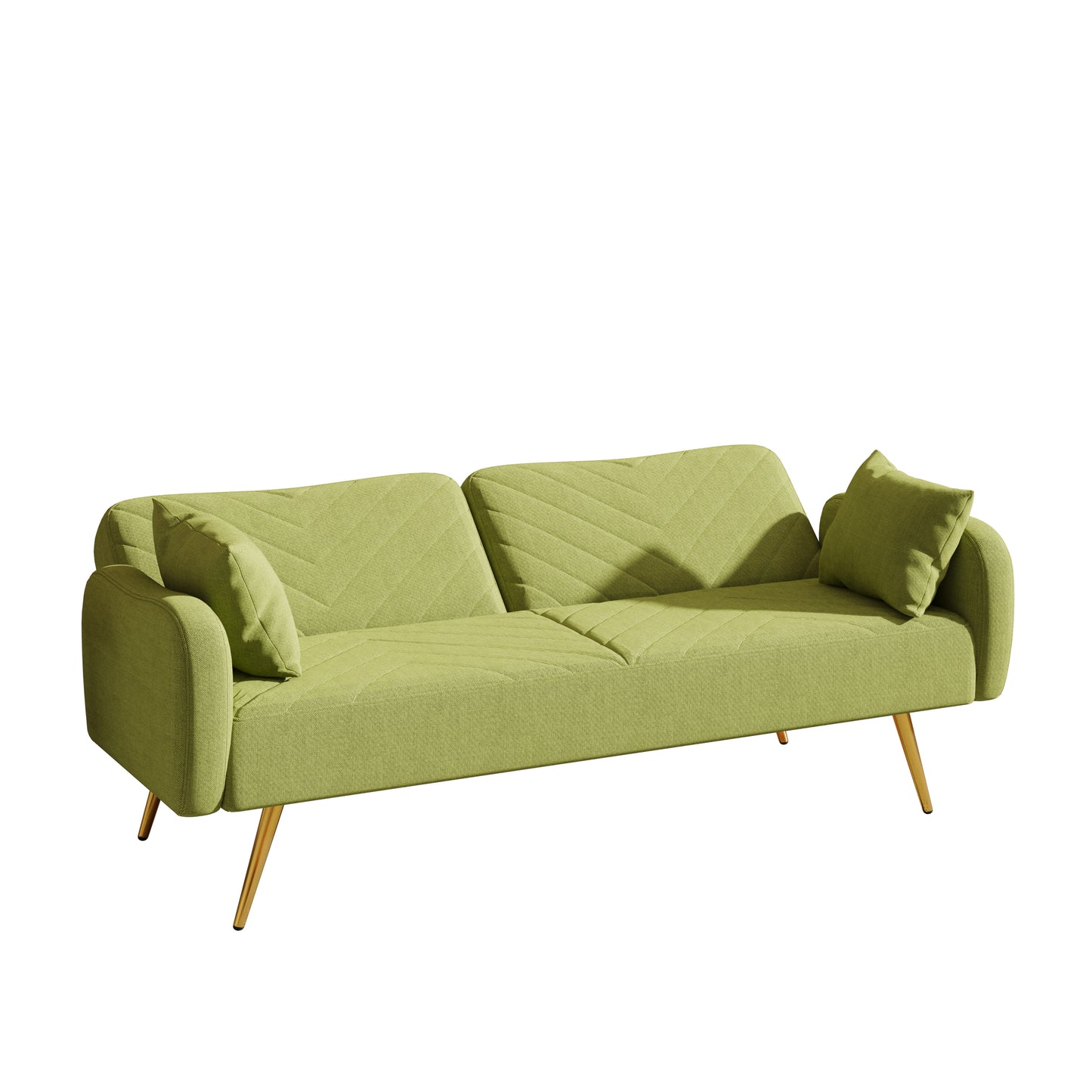 Green Fabric Double Sofa with Split Backrest and Two Throw Pillows