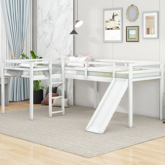 L-Shaped Twin Size Loft Bed with Ladder and Slide, White