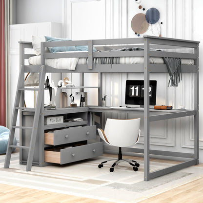 Full Size Loft Bed with Desk and Shelves,Two Built-in Drawers Gray