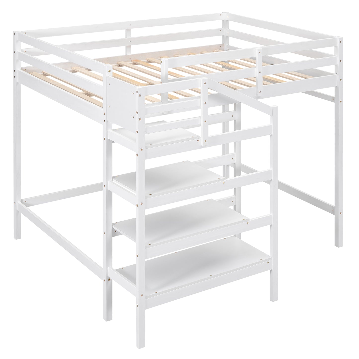 Cama alta de tamaño completo con escalera de almacenamiento incorporada y percha para ropa, acabado blanco