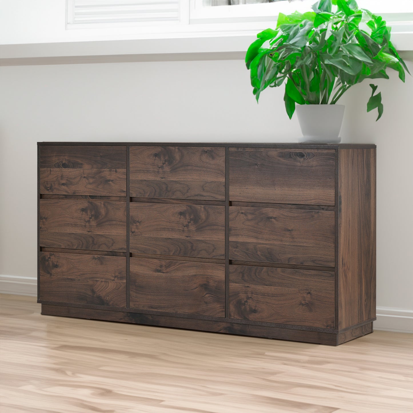 Mid-Century Modern 9-Drawer Dresser, Dark Brown Finish for Stylish Bedrooms