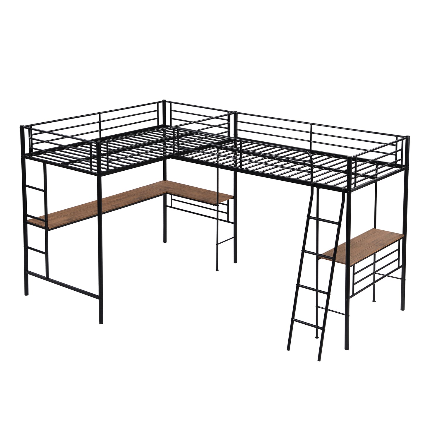 Twin Size Metal Loft Bed with Two Built-in Desks Black