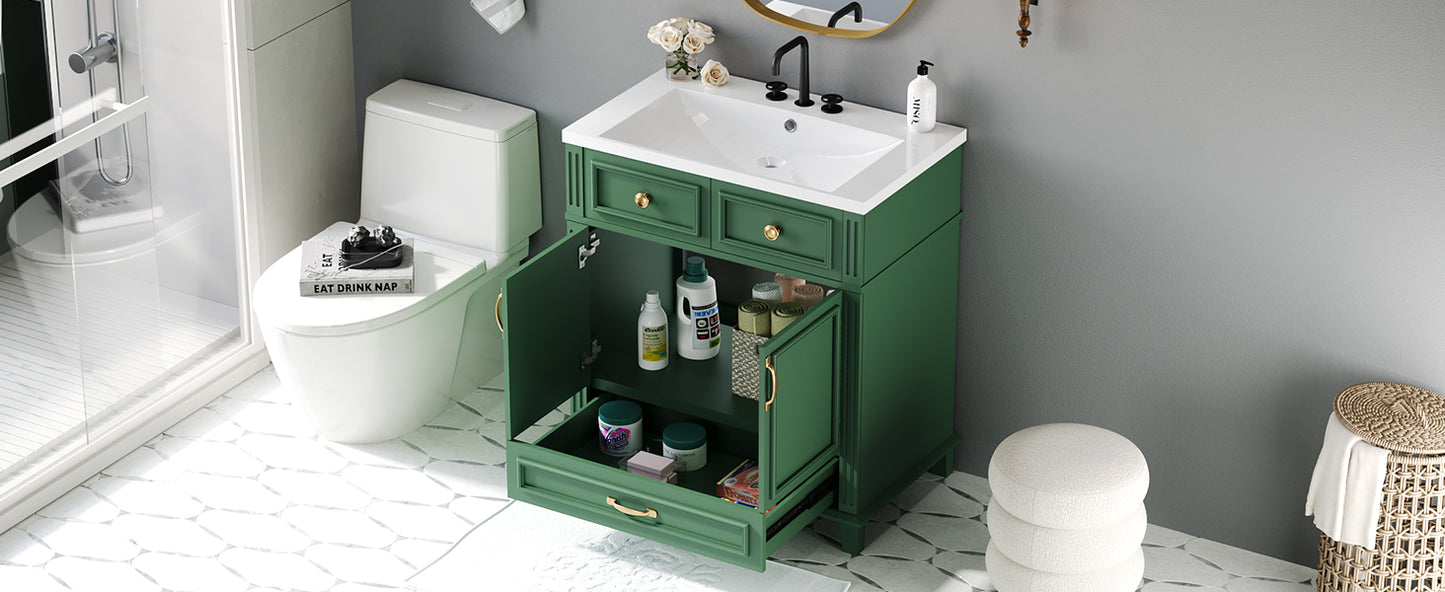 Mueble de baño descubierto de 30" con puerta de cierre suave, gabinete de almacenamiento con marco de madera maciza, acabado verde