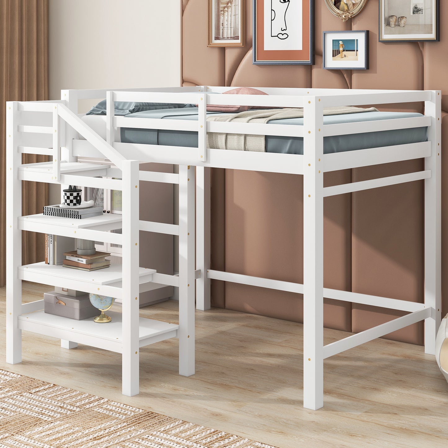 Cama alta de tamaño completo con escalera de almacenamiento incorporada y percha para ropa, acabado blanco