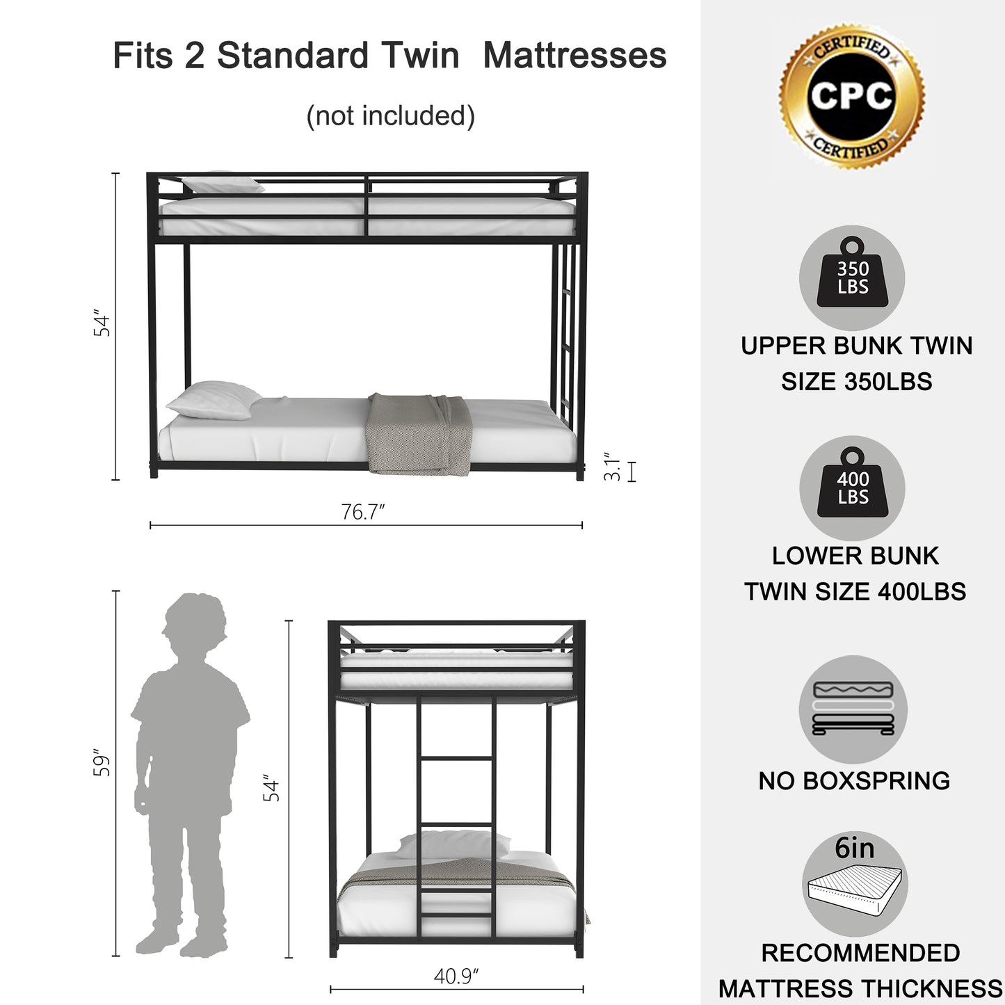 Adam Twin over Twin Metal Bunk, Black