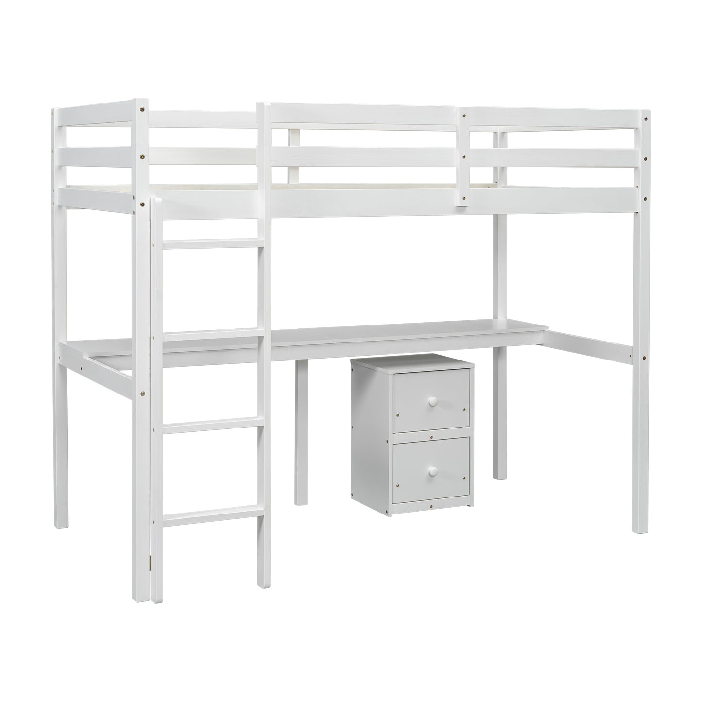 Twin Loft Wood Bed with Built-In Desk, Storage Cabinet, Guardrails, and Ladder, White Finish