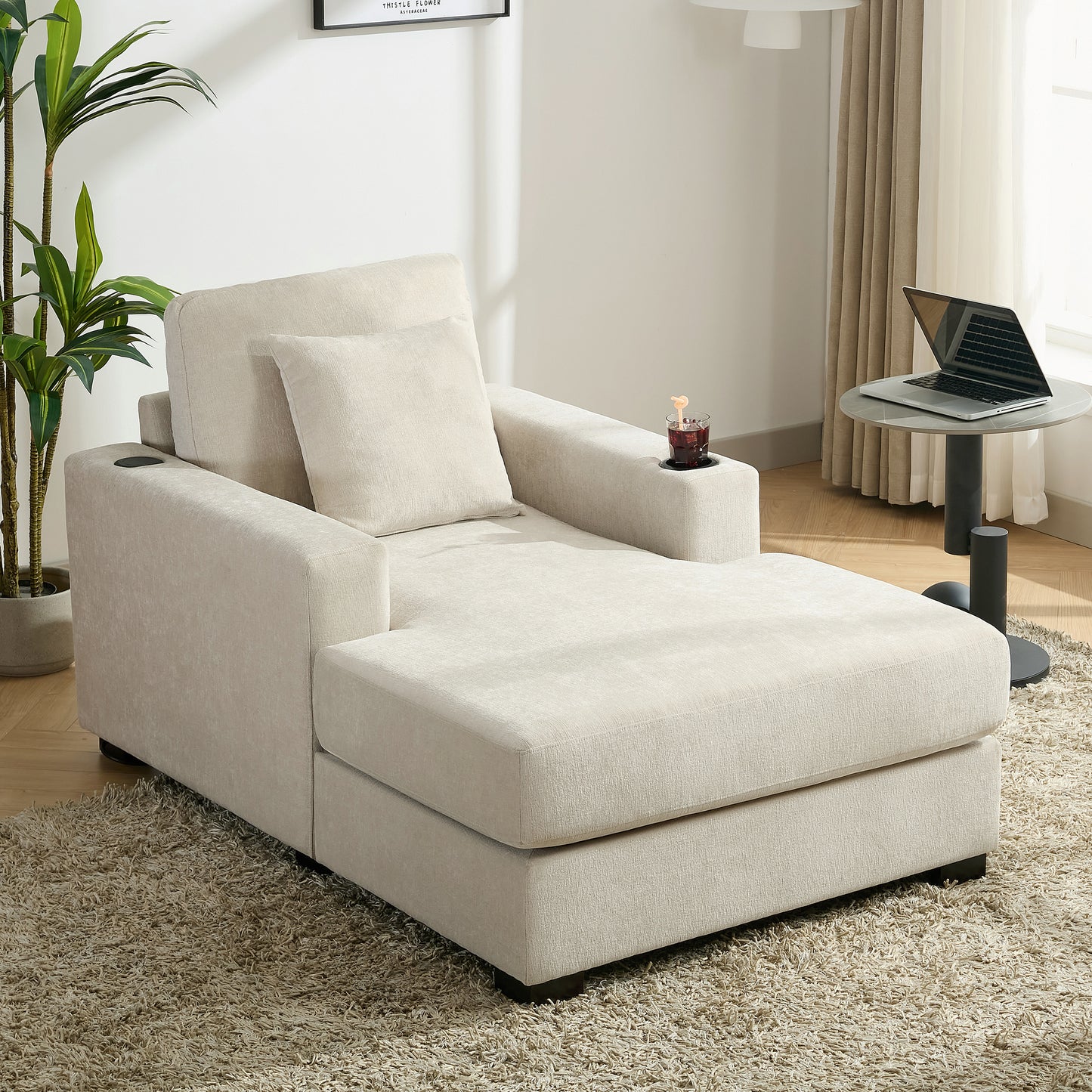 39.7" Oversized Chaise Lounger with Pillows, Charge Station, and Cup Holders, Chenille Fabric in Cream