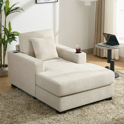 39.7" Oversized Chaise Lounger with Pillows, Charge Station, and Cup Holders, Chenille Fabric in Cream