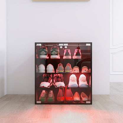 4 Layers Black Shoe Cabinet with Glass Door and Glass Layer Shoes Display Cabinet with LED light Bluetooth Control