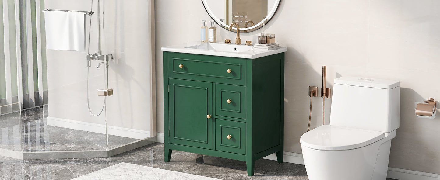 Mueble de baño de 30" con encimera de lavabo, armario de madera maciza con puerta y dos cajones, color verde