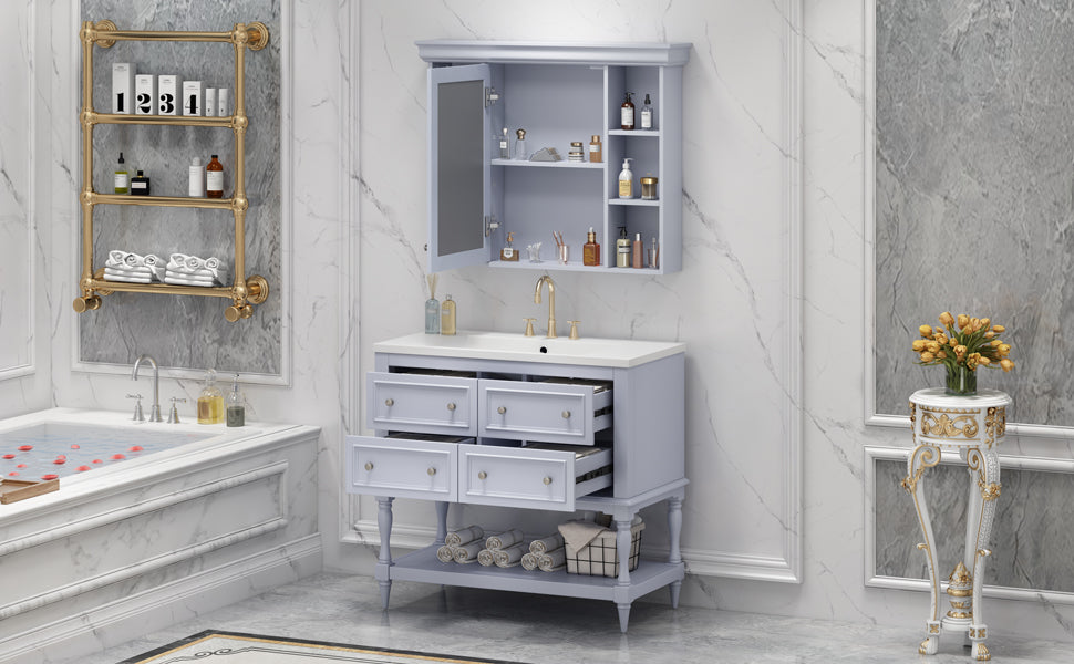 36" Bathroom Vanity with Medicine Cabinet, Adjustable Shelves, and 4 Drawers, Modern Design for Bathroom Storage