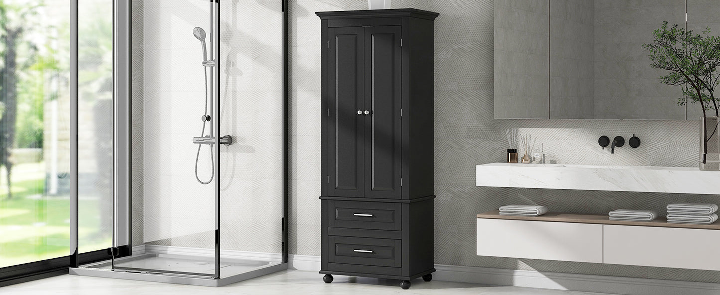 Tall Storage Cabinet with Two Drawers, Perfect for Bathrooms and Offices, Black Finish