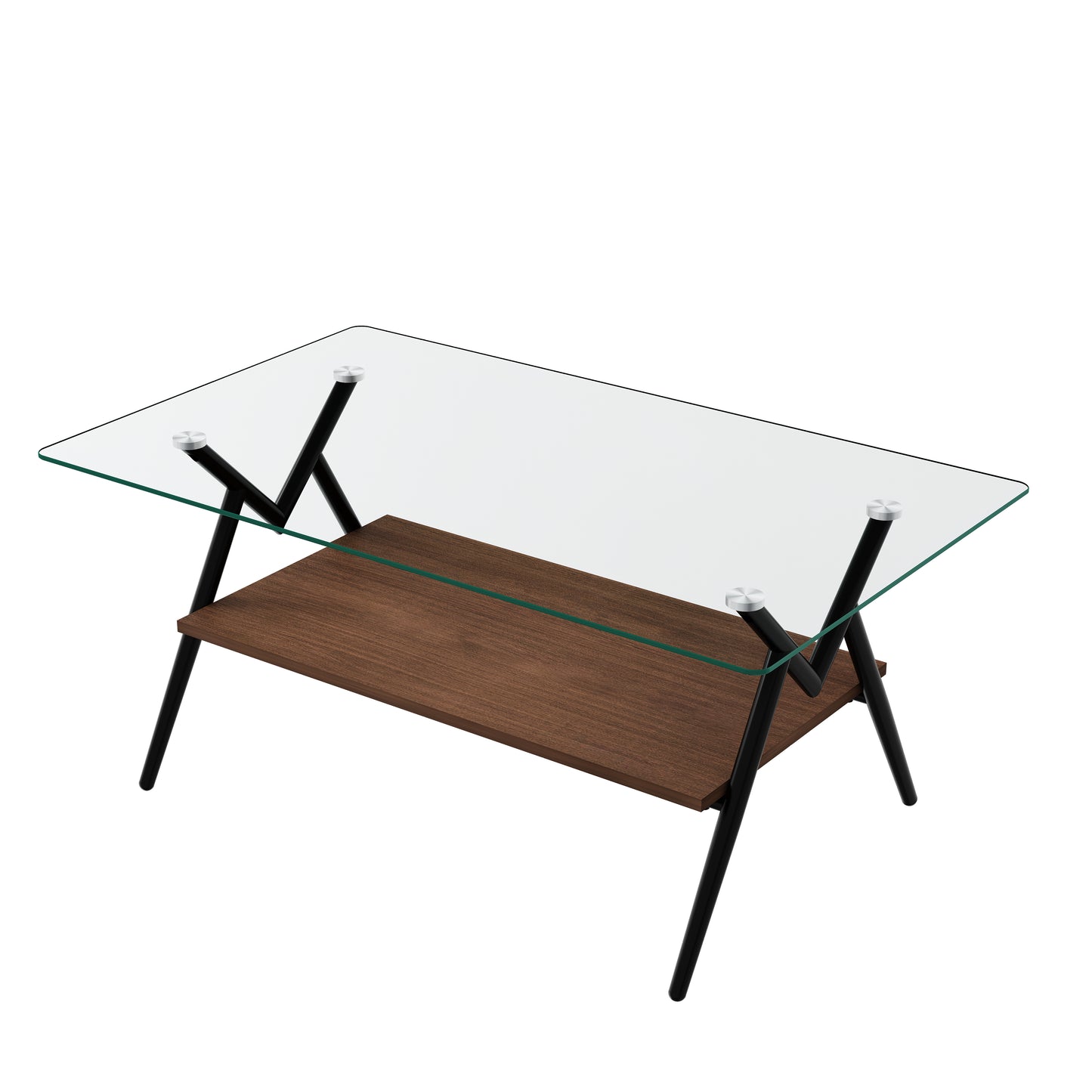 Mesa de centro rectangular con tapa de vidrio templado y patas de metal negro, diseño moderno para salas de estar