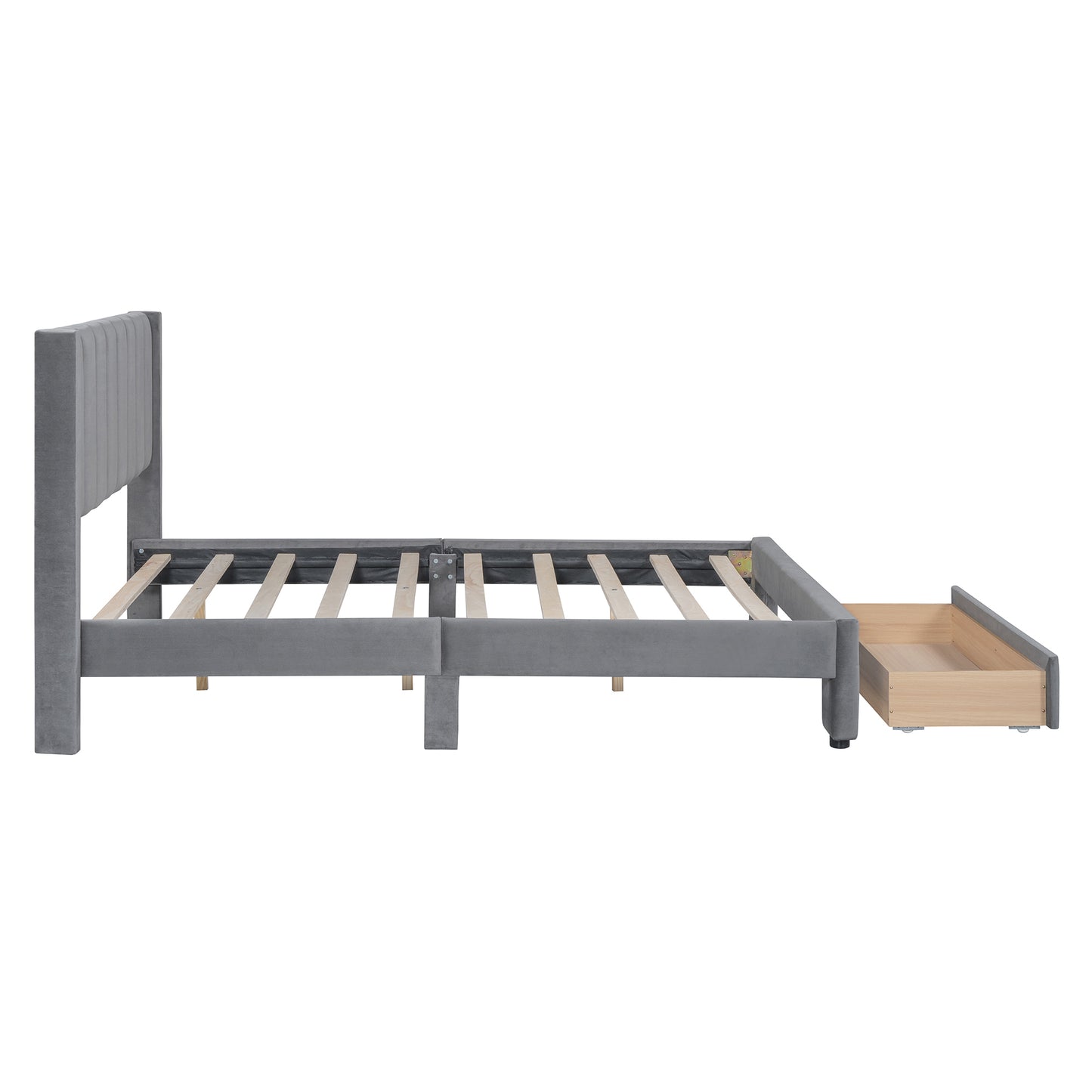 Full Size Storage Bed Velvet Upholstered Platform Bed with a Big Drawer - Gray