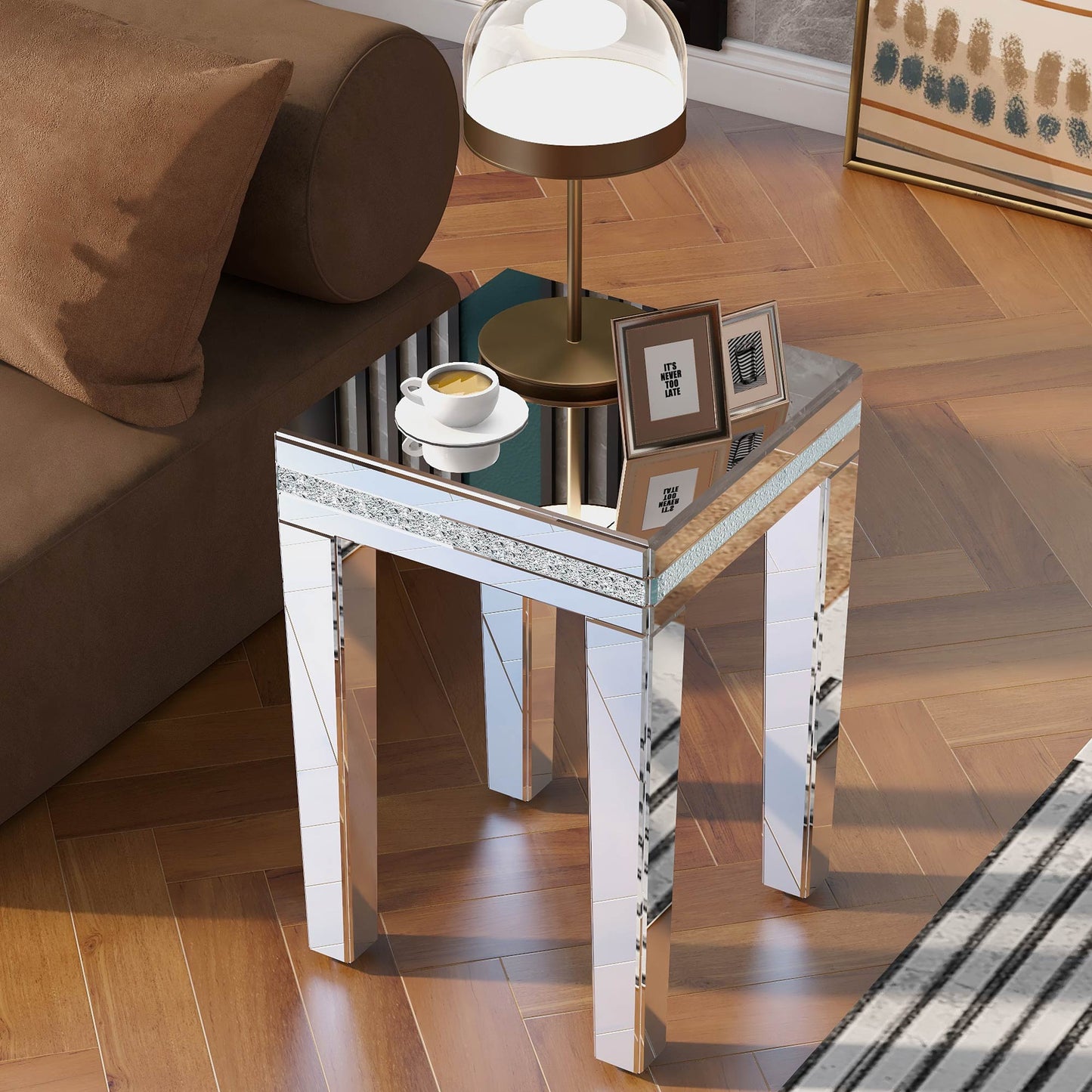 ON-TRANS glass mirror edge table, easy to assemble crystal design and adjustable height leg edge table, silver