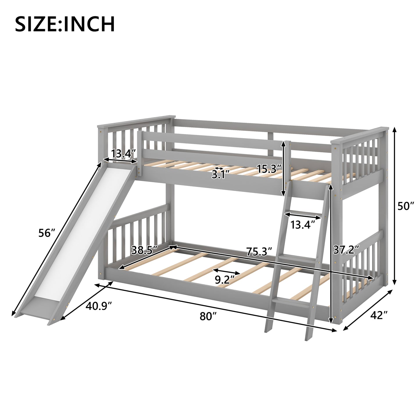 Twin over Twin Bunk Bed with Convertible Slide and Ladder  Gray