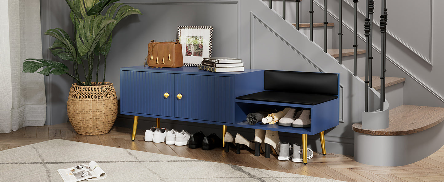 Modern Shoe Storage Bench with Hidden Storage and Upholstered Cushions, Navy Finish