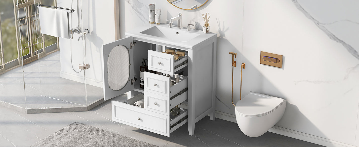 Bathroom Vanity with Sink, Bathroom Vanity Cabinet with Three Drawers and Door, Solid Wood and MDF, White