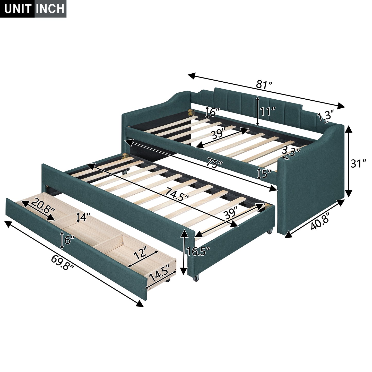 Twin Size Upholstered Daybed with Trundle and Three Drawers,Green