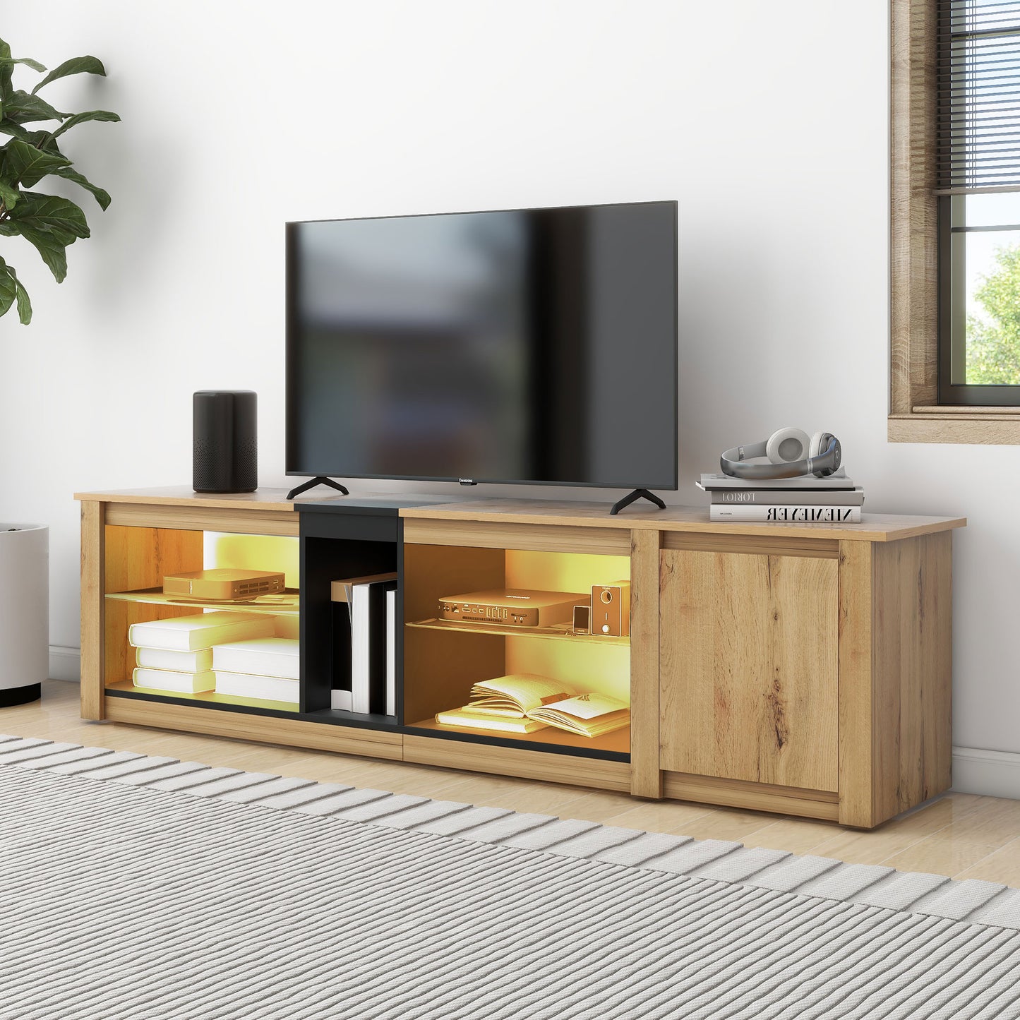 ModernTV stand suitable for TVs under 80 inches, media console with multifunctional storage, and LED lights