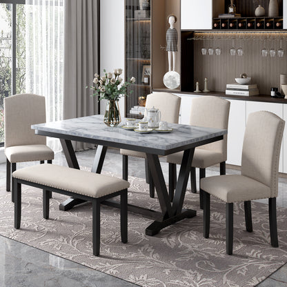 TREXM Modern 6-Piece Dining Table Set with 4 Chairs and 1 Bench, White Finish