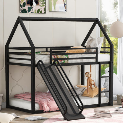 Twin over Twin House Bunk Bed with Ladder and Slide,Black