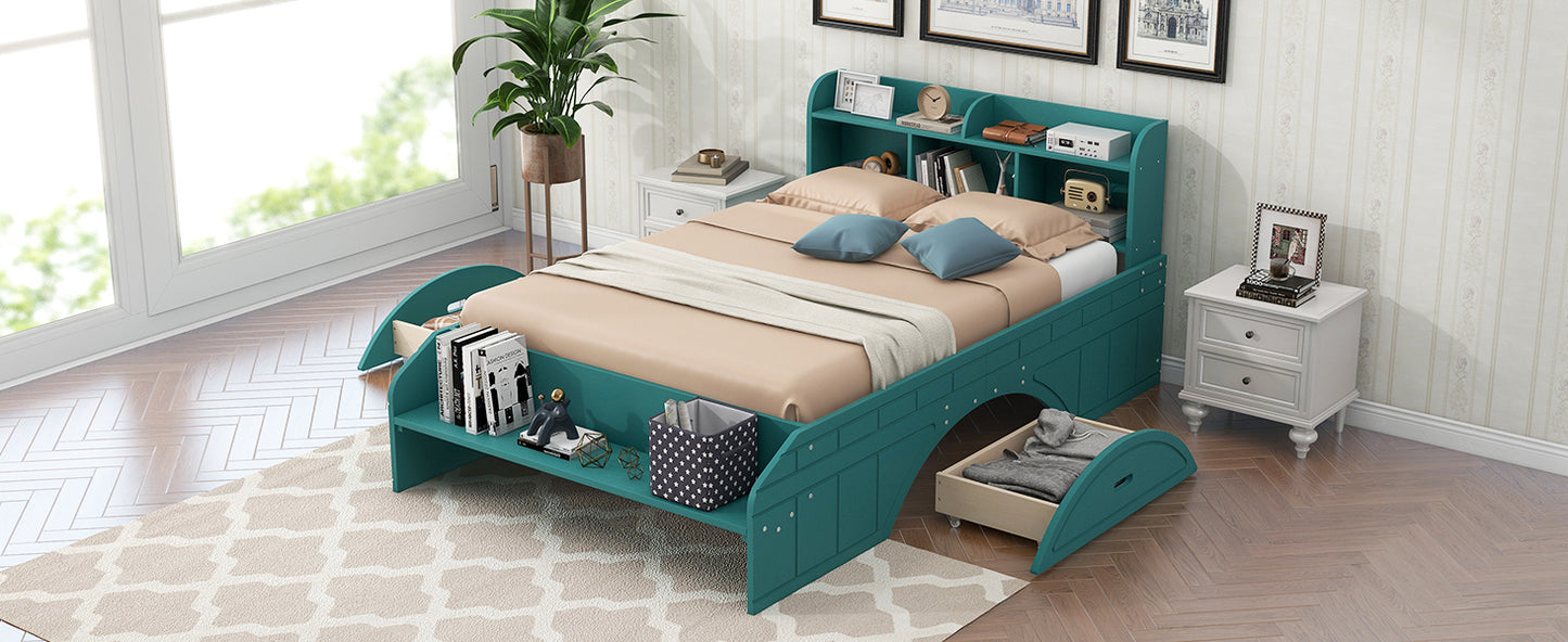 Wood Full Size Platform Bed with 2 Drawers, Storage Headboard and Footboard, Dark Green