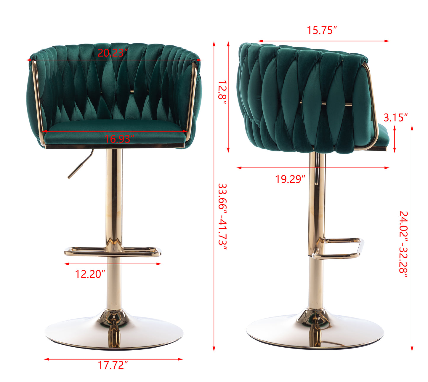 Set of 2 Bar Stools with Chrome Footrest and Swivel Base, Velvet Upholstery and Golden Legs, Green Finish