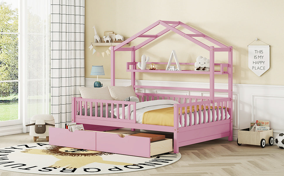 Wooden Full Size House Bed with 2 Drawers Kids Bed with Storage Shelf Pink