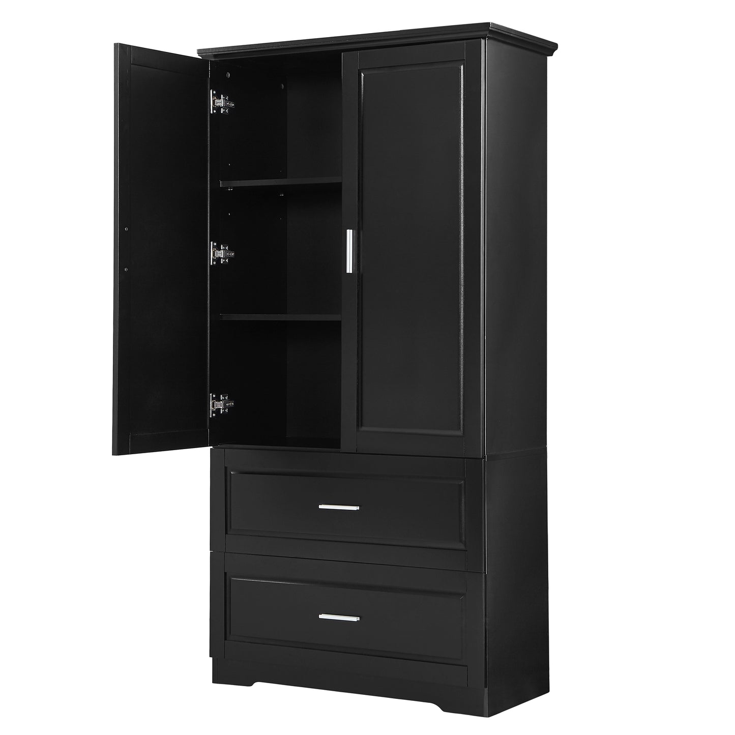 Mueble de baño alto con dos puertas y cajones, estante ajustable, tablero MDF, acabado negro