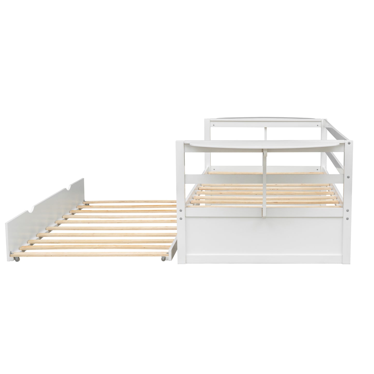 win Size Daybed with Trundle and Foldable Shelves on Both Sides White