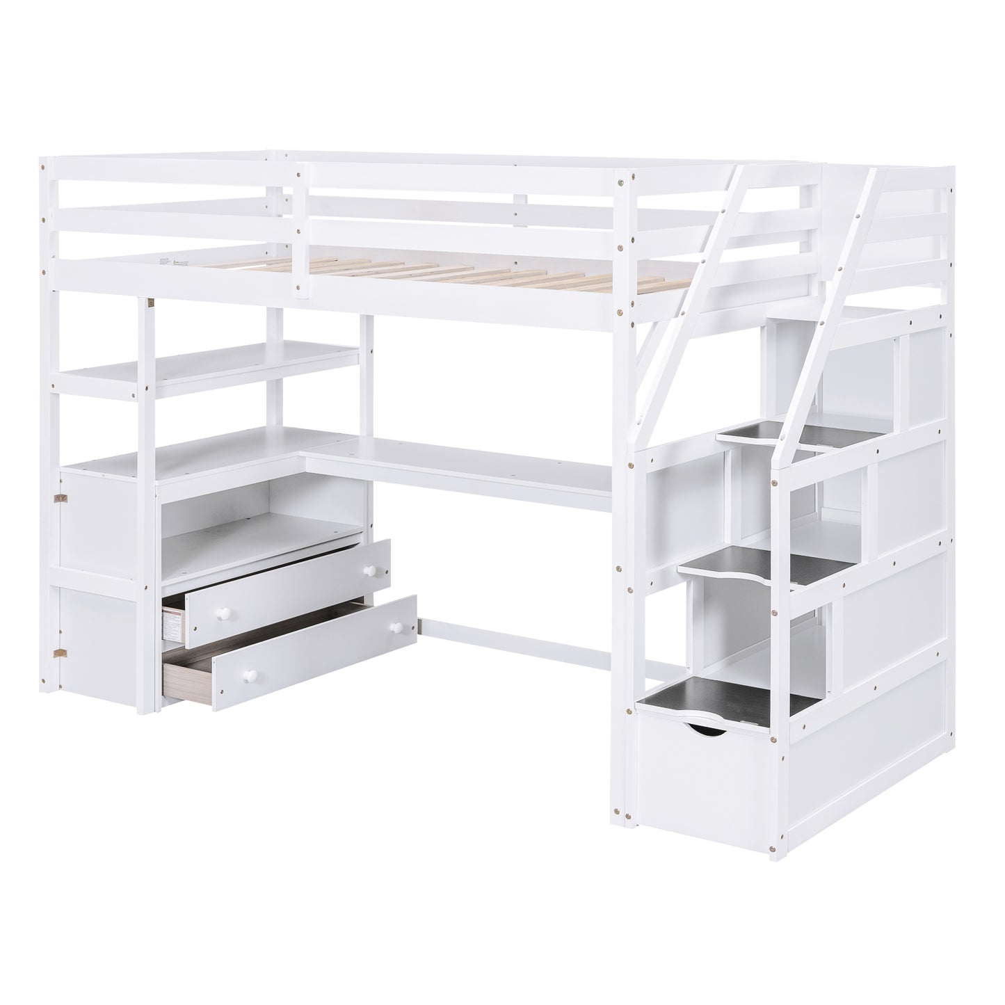 Twin Size Loft Bed with Desk and Shelves  Two Built-in Drawers  Storage Staircase White