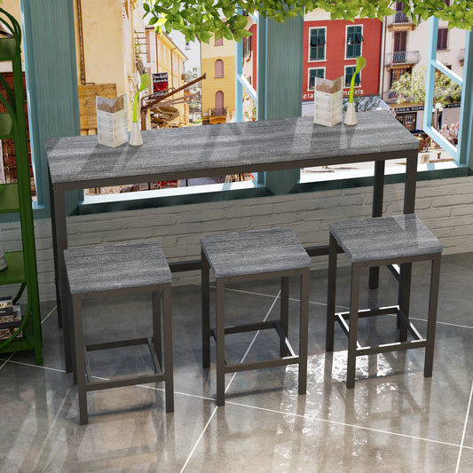 Modern Design Kitchen Dining Table Pub Table Long Dining Table Set with 3 Stools Easy Assembly Gray