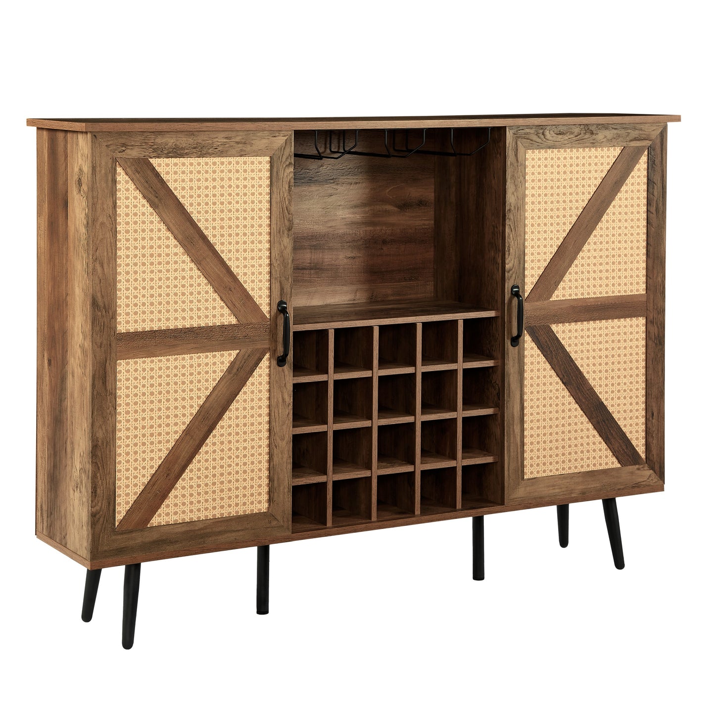 Oak Color Faux Rattan Barn Door Wine Cabinet with Wine Rack and Wine Glass Rack, Double Door Design with Removable Shelves