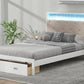 Wood Full Size Platform Bed with Upholstered Headboard and LED and 2 Drawers, Antique White