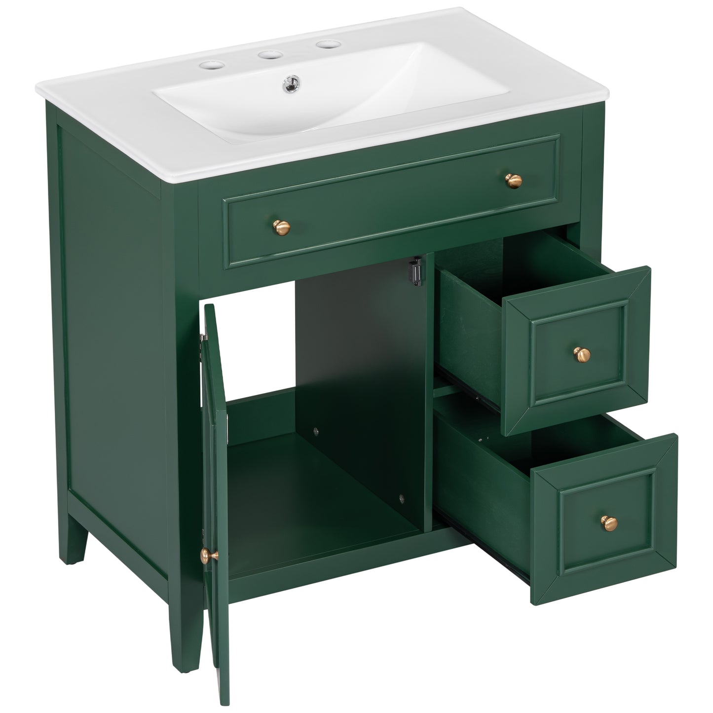 Mueble de baño de 30" con encimera de lavabo, armario de madera maciza con puerta y dos cajones, color verde