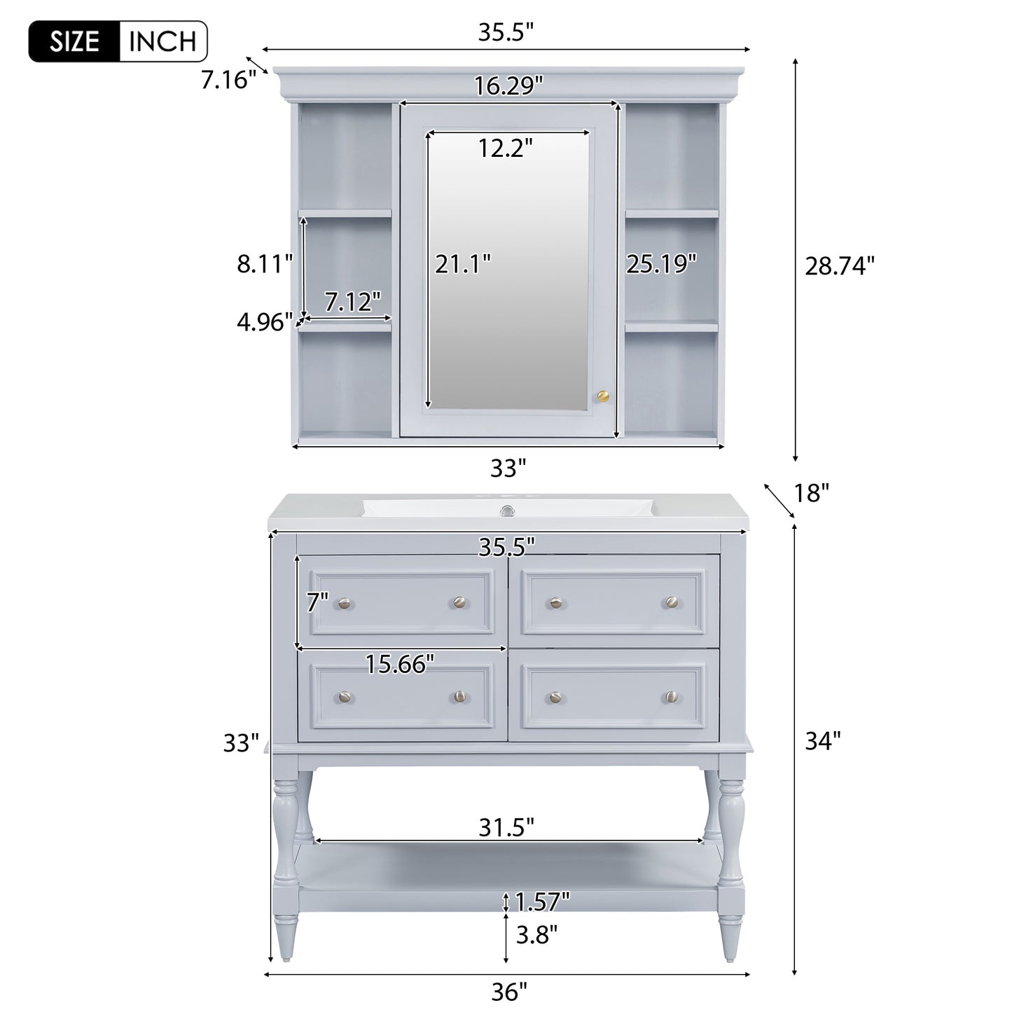 Tocador de baño de 36" con botiquín, estantes ajustables y 4 cajones, diseño moderno para almacenamiento en el baño