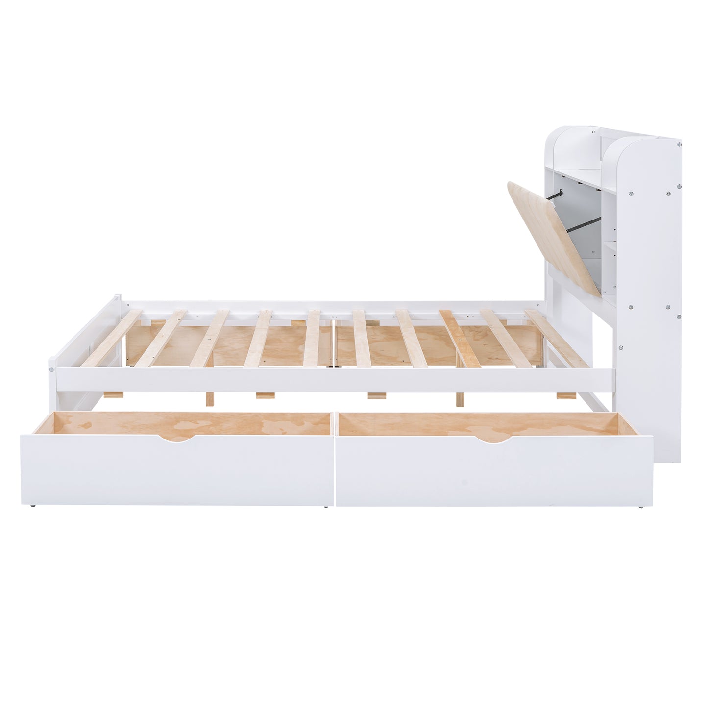 Wood Queen Size Platform Bed with Storage Headboard  Shelves and 4 Drawers  White