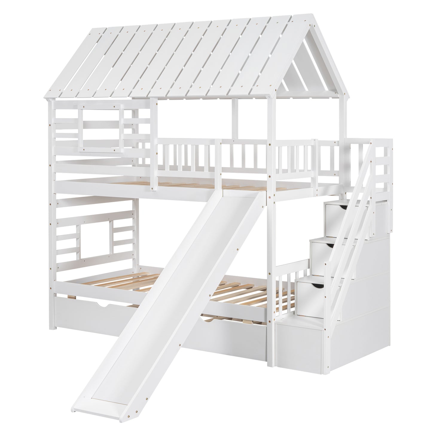 Twin over Twin House Bunk Bed with Trundle and Slide Storage Staircase Roof and Window Design  White