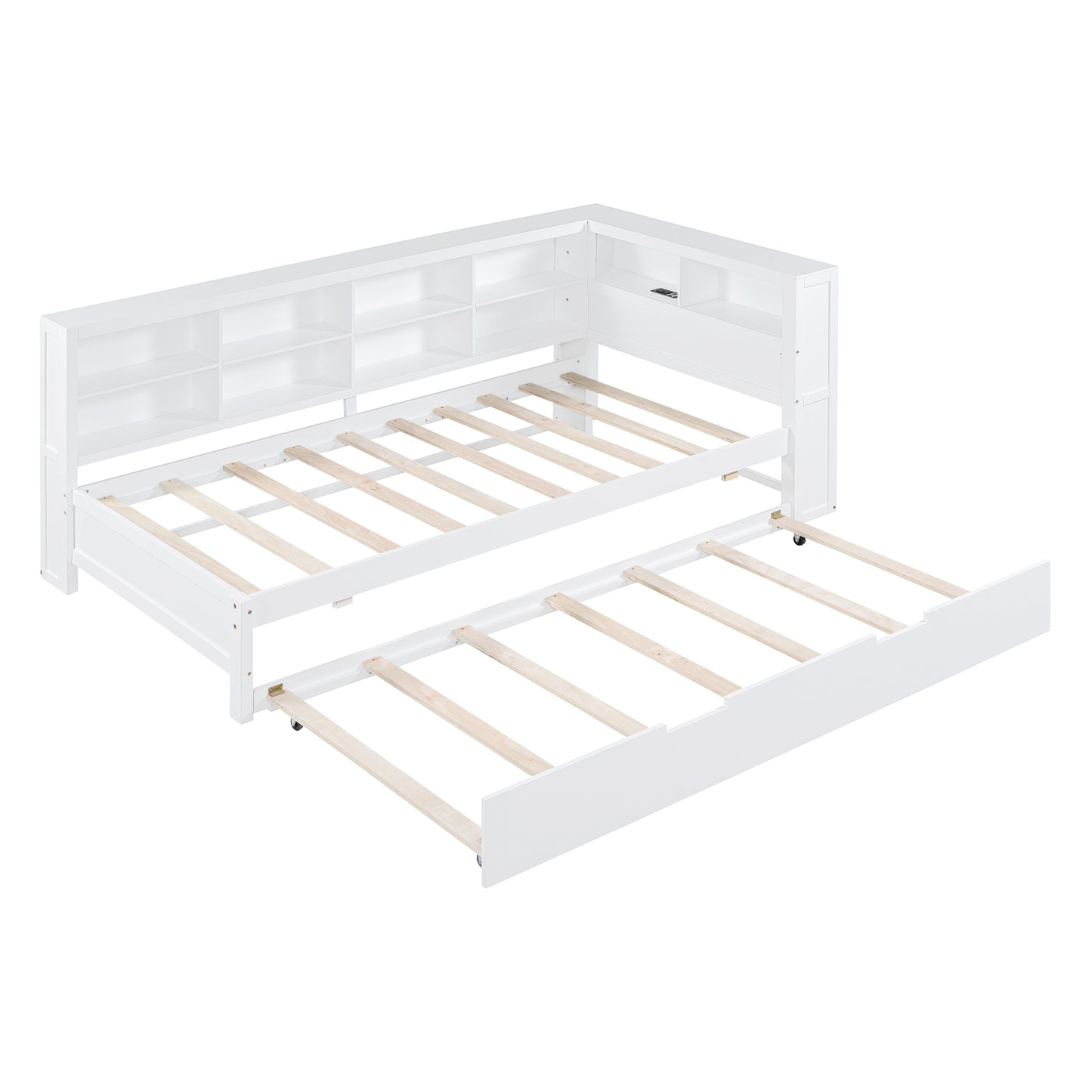 Wooden Twin Size DayBed with Twin Trundle, DayBed with Storage Shelf and USB Charging Ports,White