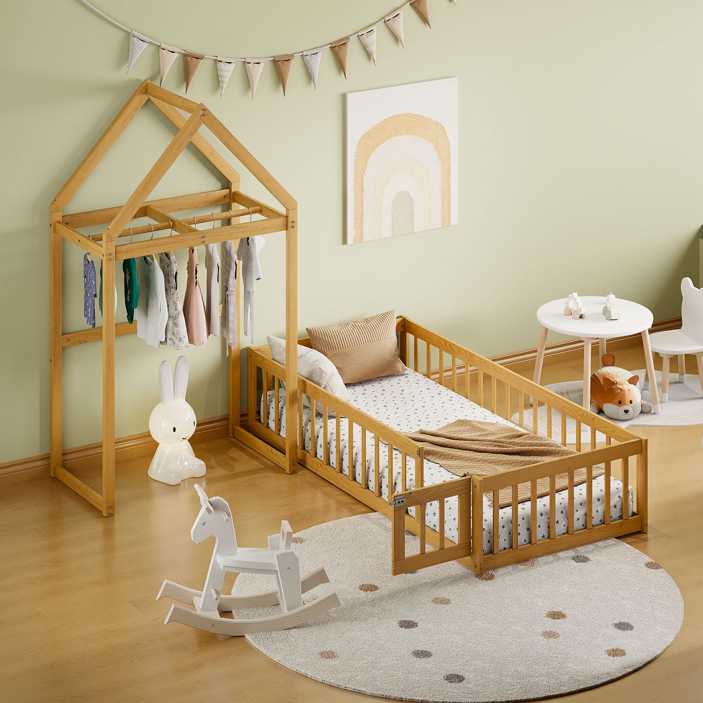 Wooden Twin Size Children's Bed with Detachable Headboard and Integrated Clothes Drying Rack, Natural